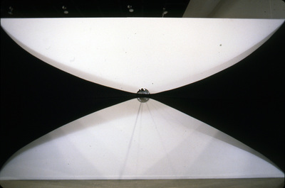 "In Reverse" fabric, microphone and stand, audio tape of me talking to myself endlessly. 10ft x 16ft x 4.5 ft    1990s