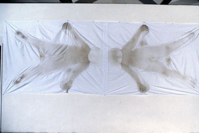 "Shroud" sheets, body oil. 77"x180" 1990s.  Cut out a body suit, wore it every night to bed, until it was well stained, then sewed it back into the sheet. 