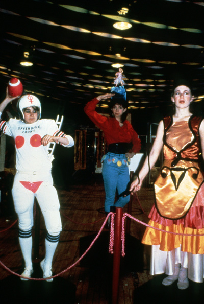 "Feminist Fashions" 1980s  In collaboration with Sabrina Jones, as part of The Carnival Knowledge collective.  These fashions were performed at Carnival Knowledge venues in NY, such as street fairs, colleges, and night clubs.