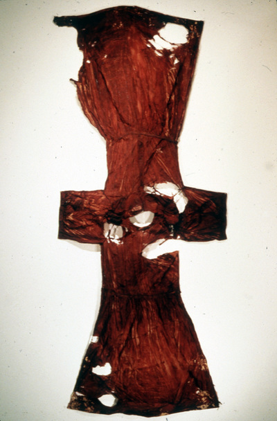 "Blood Wheels"  dress and cows' blood.  87" x 27"   1990's