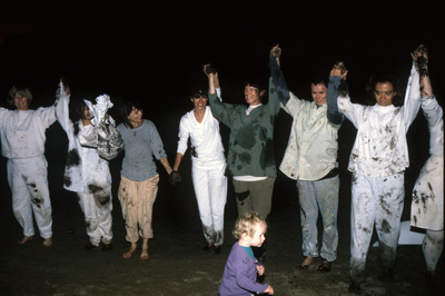 "Shelter" 1990s performance, Malibu Hills.  Performers made very temporary shelters out of their bodies, computer printer paper, and mud.  Audience was invited to enter these shelters.