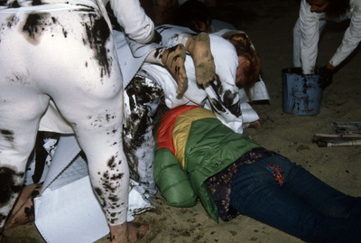 "Shelter" 1990s performance, Malibu Hills.  Performers made very temporary shelters out of their bodies, computer printer paper, and mud.  Audience was invited to enter these shelters.